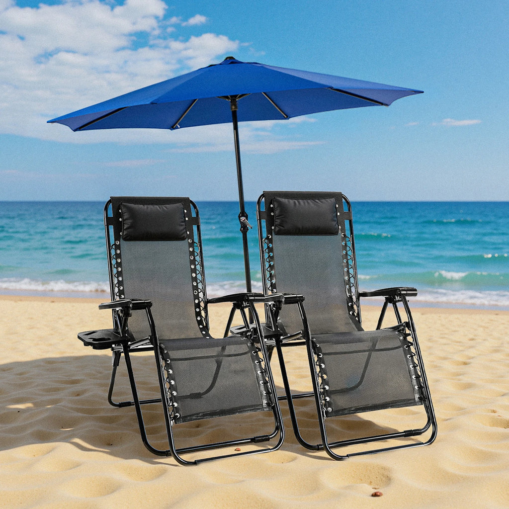 JHK Zero Gravity Set of 2 Portable Recliner Camping Patio Outdoor Garden Lounge Chair with Cup Holder Trays Adjustable Pillow